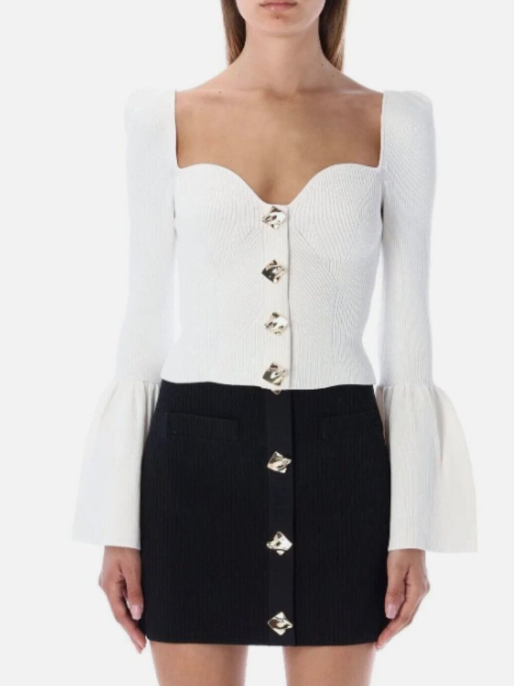 Self-Portrait White Ribbed Knit Cardigan Size S